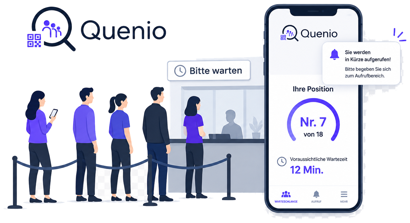 Kunden warten digital in der Quenio-Warteschlange und werden per Smartphone-Benachrichtigung rechtzeitig aufgerufen